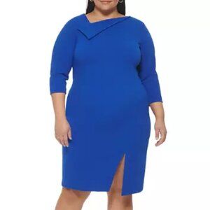 Calvin Klein Sheath Dress Women’s Plus Size 14W Blue Asymmetrical Neck O…